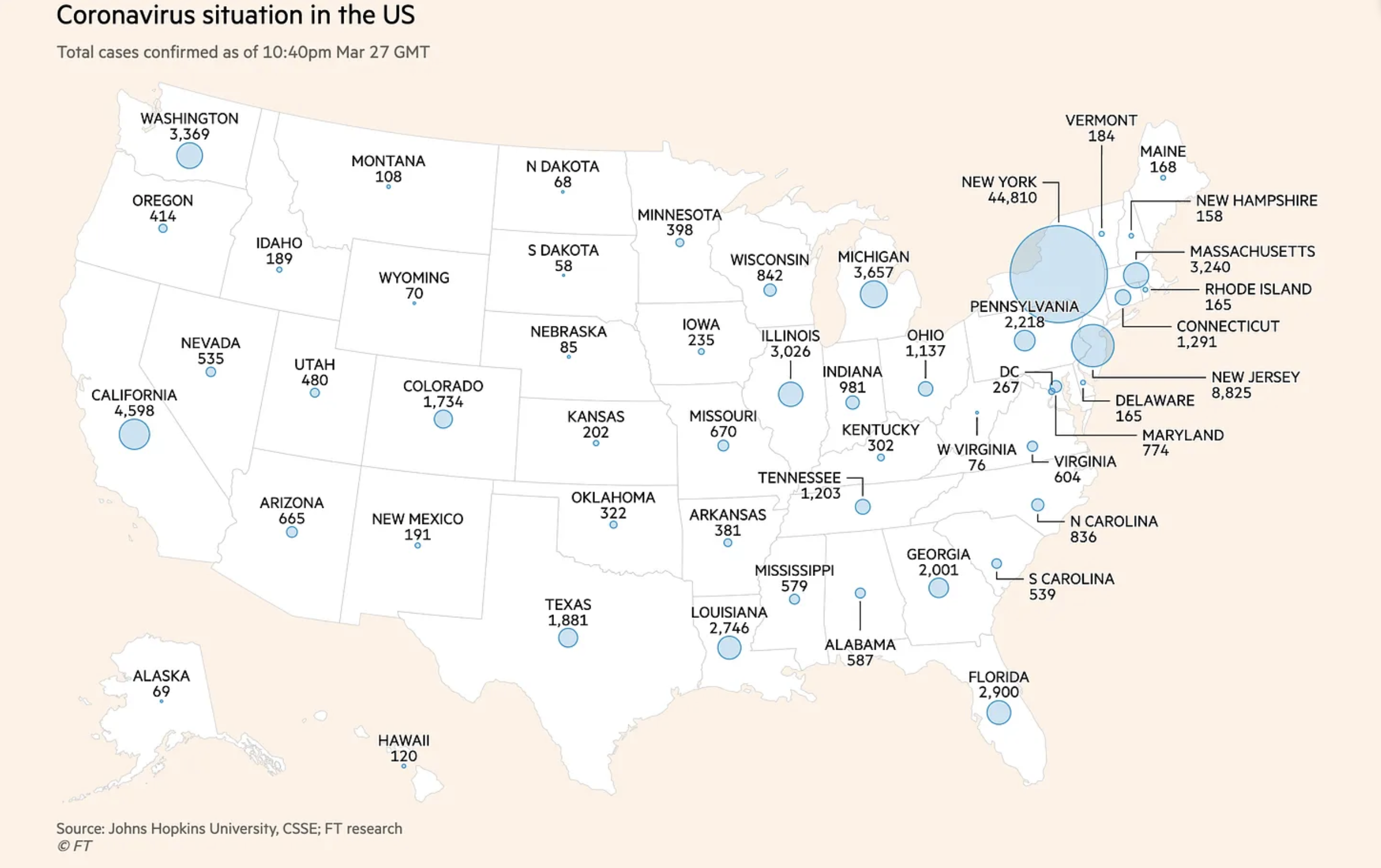 US covid19 map, Financial Times, 27 March 2020