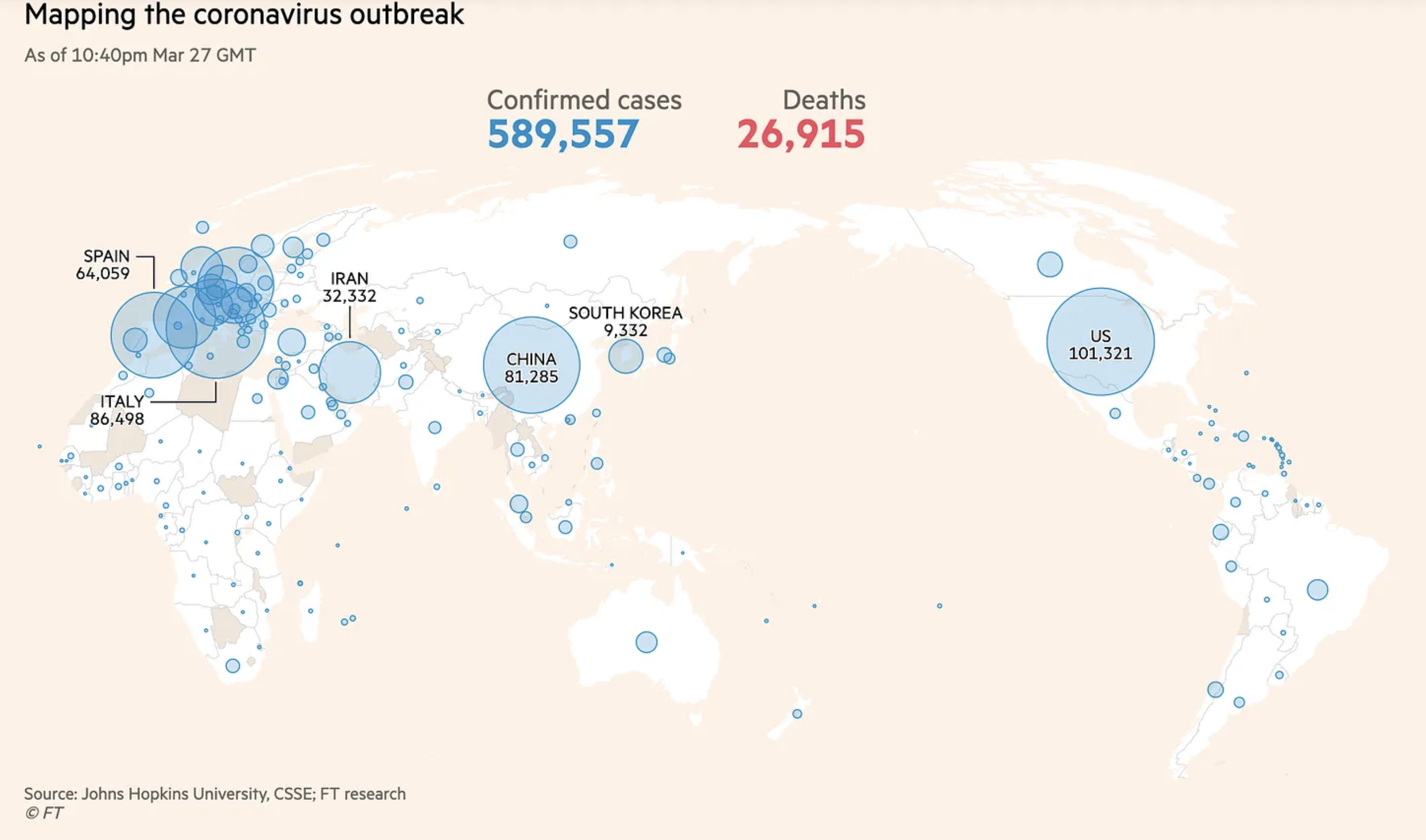 World covid19 map, Financial Times, 27 March 2020